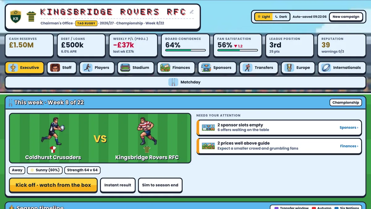 The Executive Suite in Rugby Chairman showing cash, board confidence, league position and the week's to-do list