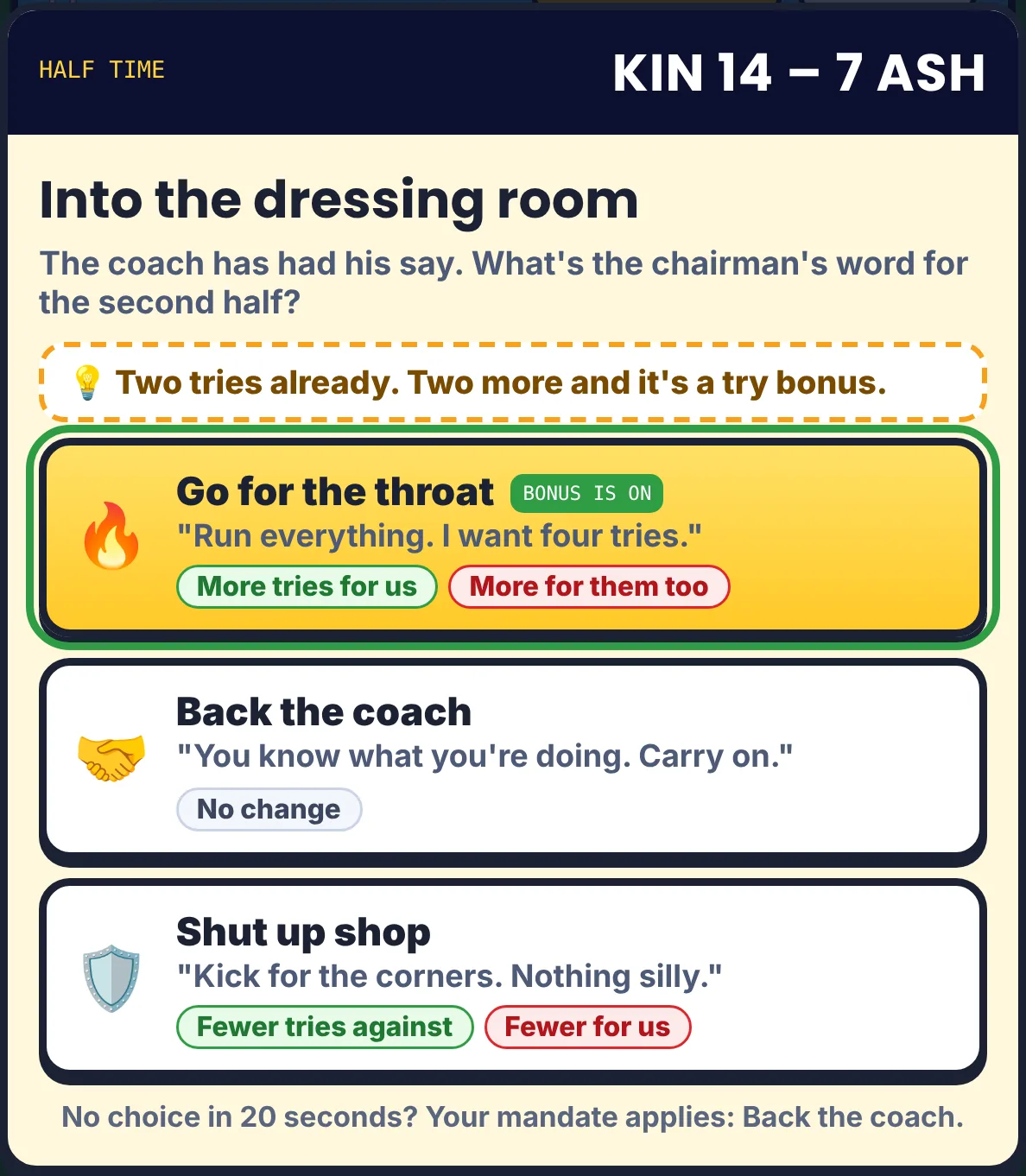 The half-time team talk in Rugby Chairman: go for the throat, back the coach or shut up shop