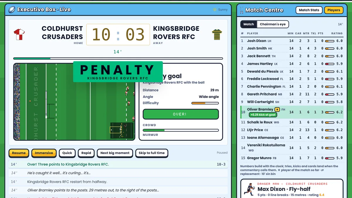 Live match in Rugby Chairman showing a pixel-art rugby pitch, scoreboard and commentary