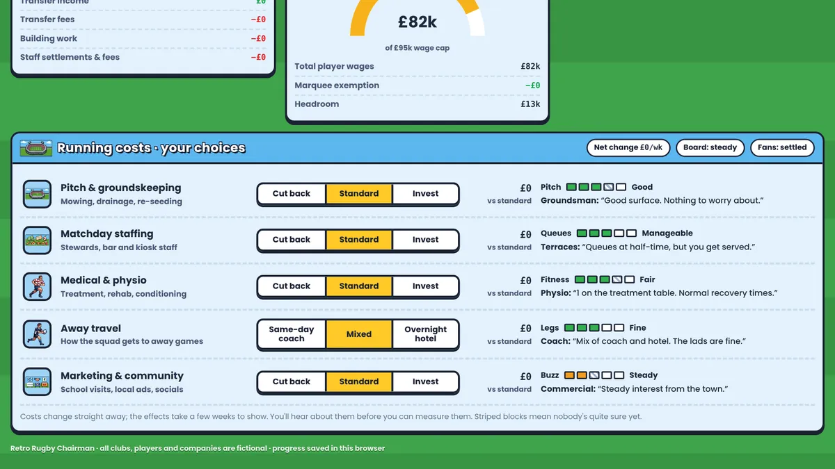 Running costs screen in Rugby Chairman showing pitch, staffing, medical, travel and marketing choices