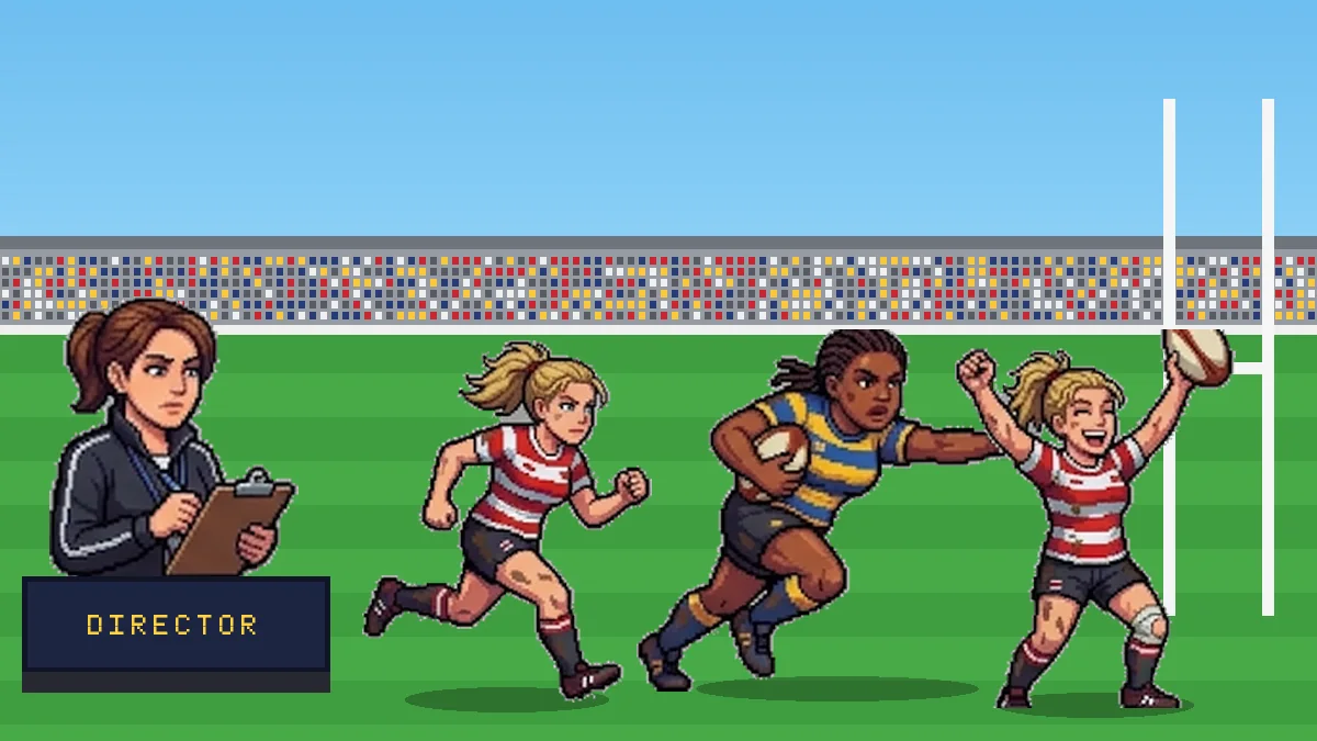 Rugby Chairman women's game: a female Director of Rugby with a clipboard watches three women players run in a try